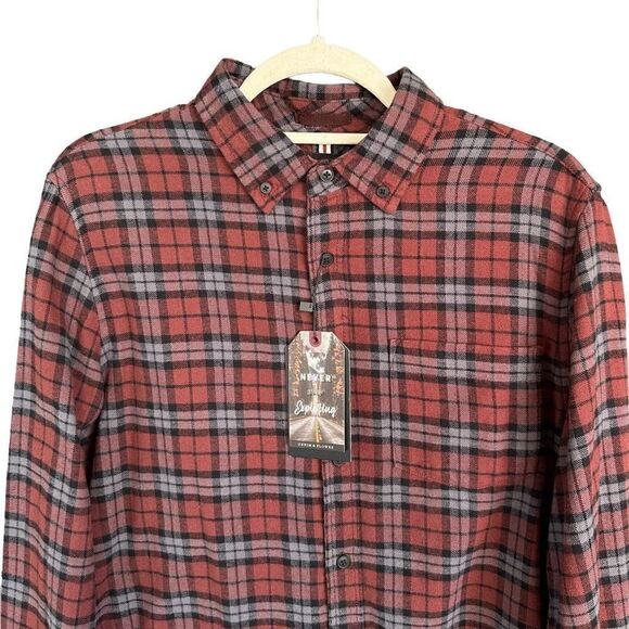 NWT Denim & Flower Plaid Button Down Cotton Flanel Burgundy Maroon - Picture 2 of 10